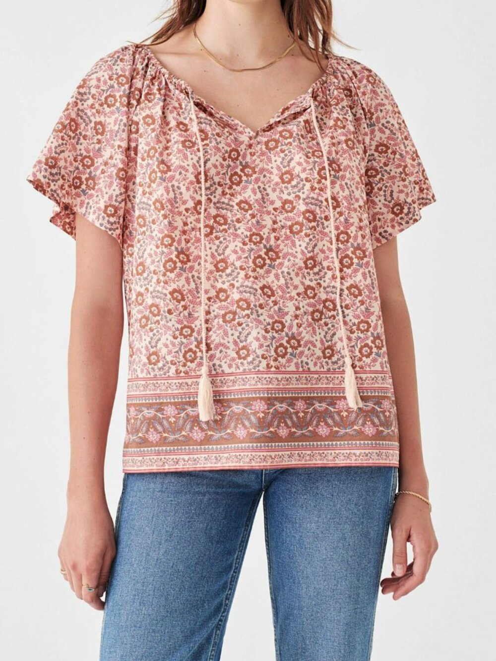 Boho Girly Flirty Coquette Preppy Faherty Pink Floral Short Sleeve Blouse Sz M